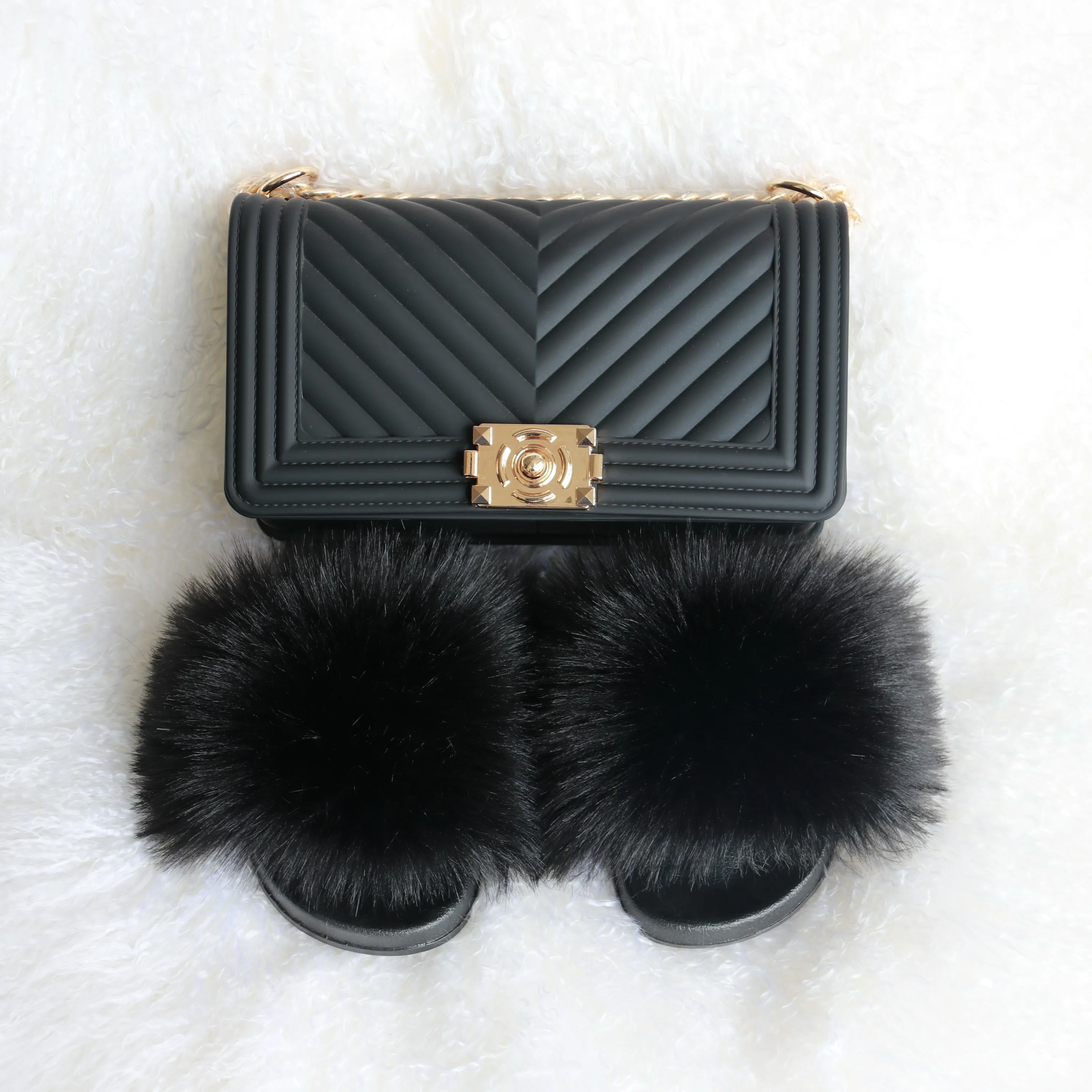 

handbags and fur slides