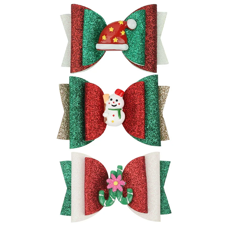 

3 inch Christmas Snowman Glitter Hair Bows for Girls Hair Clips Hair Accessories