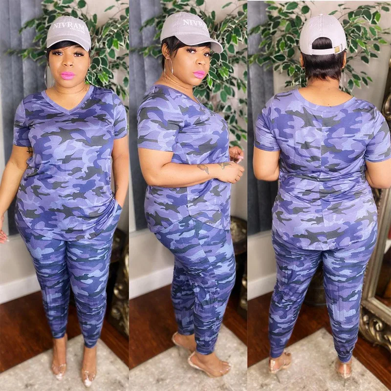 

Women Clothing 2021 Summer Camouflage Print Two Piece Pants Set V-neck Fashion Casual Plus Size Tracksuit Women Sets