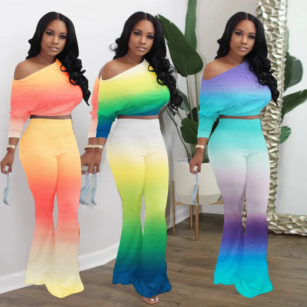 

2021 Fashion Two Piece Flared Pants Set Long Sleeves High Waist Sexy Gradient Women Two Piece Sets