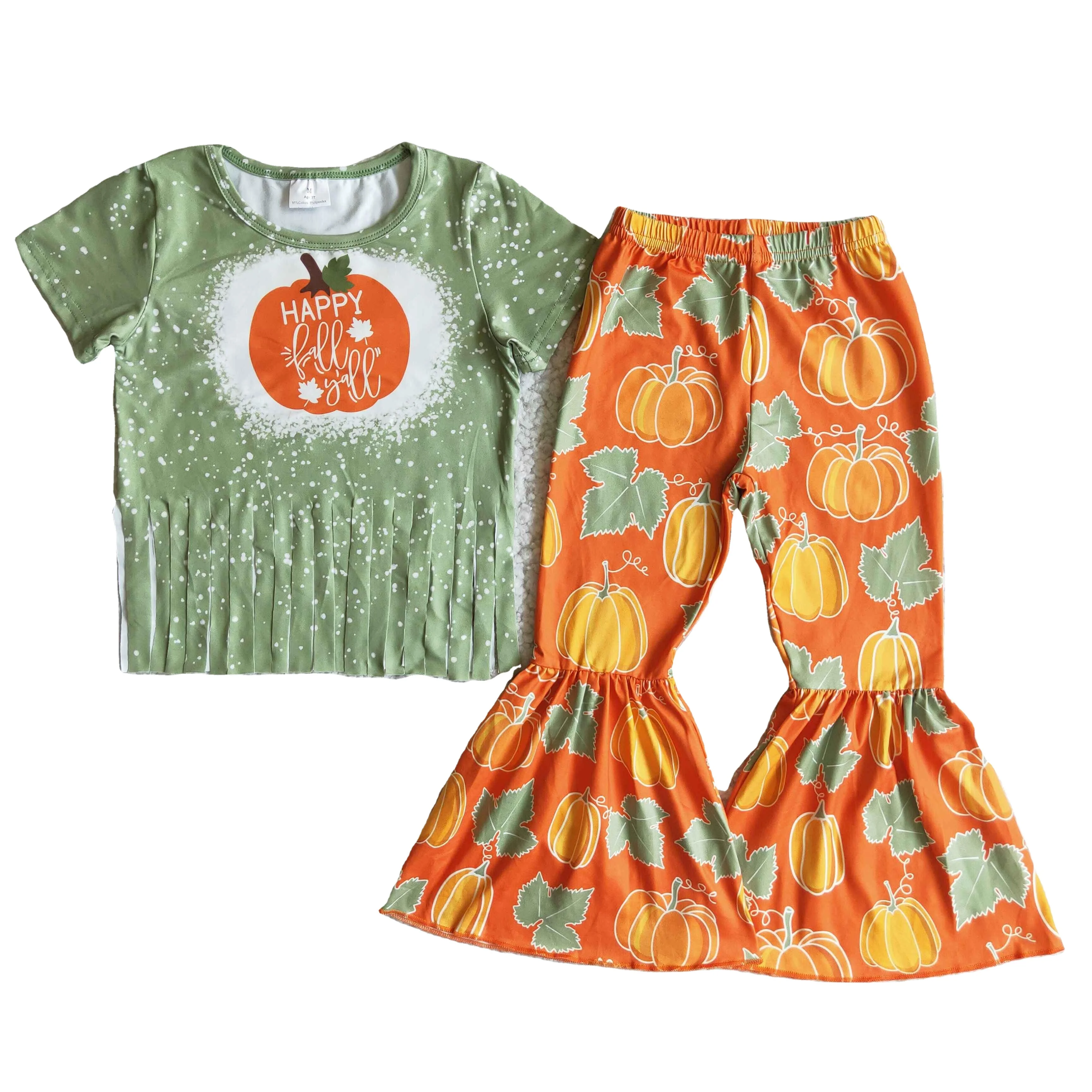 

2021 halloween Hot Sale Green Bleach Pumpkin Tassels Shirt Pumpkin Leaves Bell Bottom Pants Boutique Outfit Baby Clothing