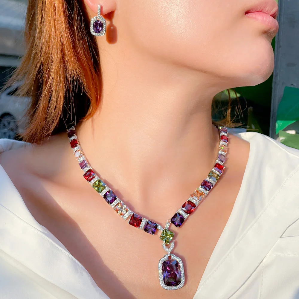 

Multi Color Purple Cubic Zirconia Big Square Drop Luxury Wedding Bridal Necklace Earrings Costume Jewelry Sets for Women