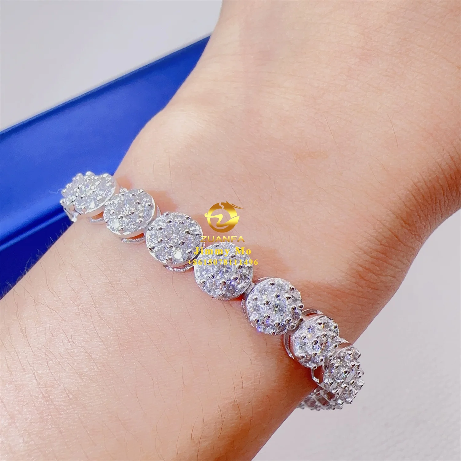 

New Designs Luxury 925 Sterling Silver White Gold Plated Iced Out Hip Hop Fire Jewelry VVS Moissanite Cluster Bracelet