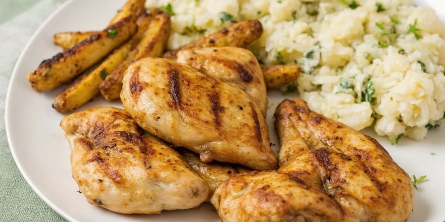 Serving tray with roasted vegetables and herbed chicken
