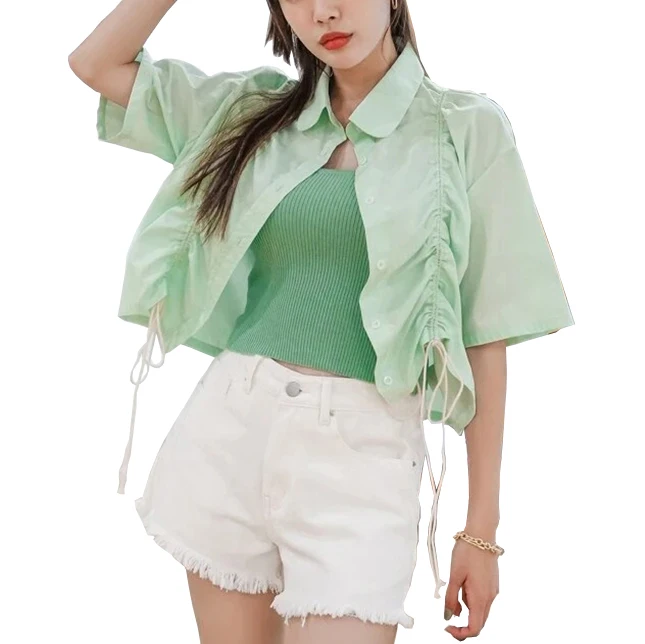 

Young Style Women Top Simple Drawstring Design Button-Down Shirt Half Sleeves