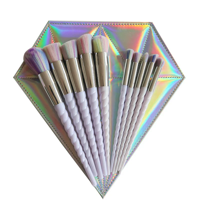 

10pcs Thread Rainbow Handle Makeup brushes Diamond Bag Cosmetics Foundation Blending Blush Make up Brush bag, Sliver
