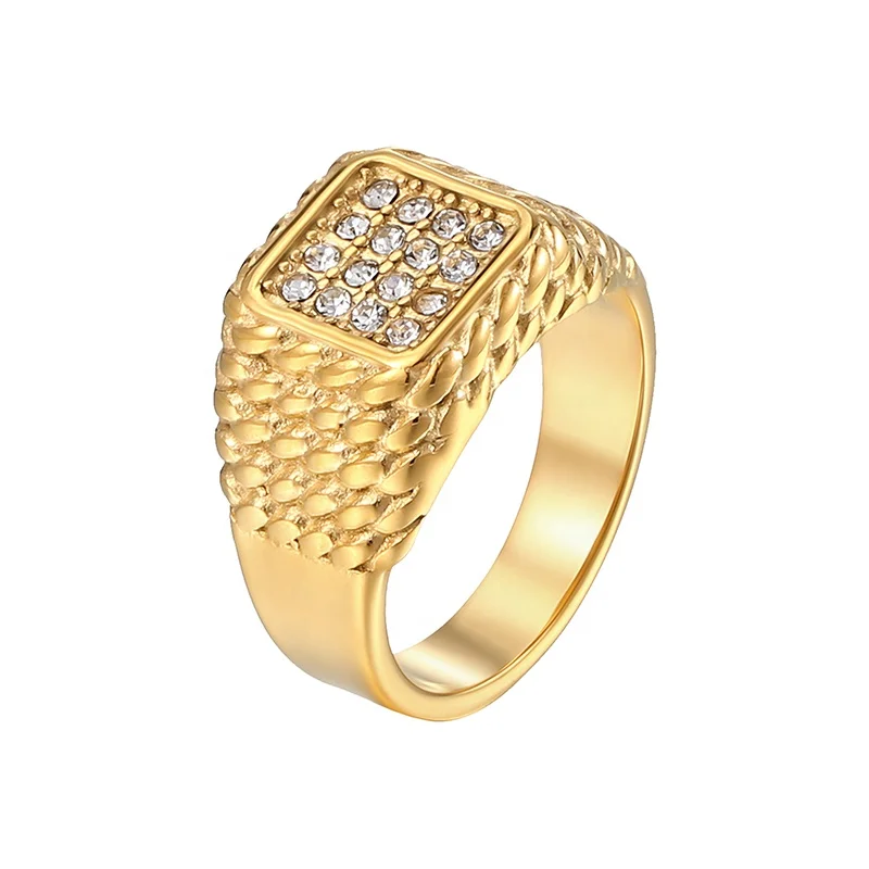 

Non Tarnish Free Stainless Steel Metal Jewelry Wholesale 18K Gold Plated Iced Out Square Signet Rings