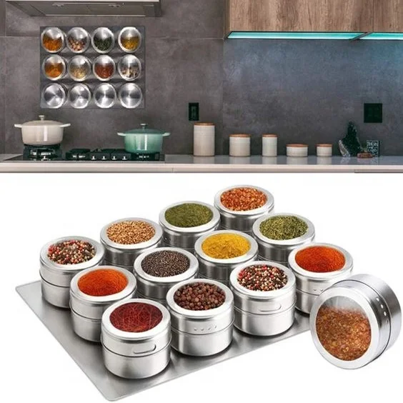 

Hot sale magnetic dustproof visible empty seasoning boxes stainless steel spice tin can