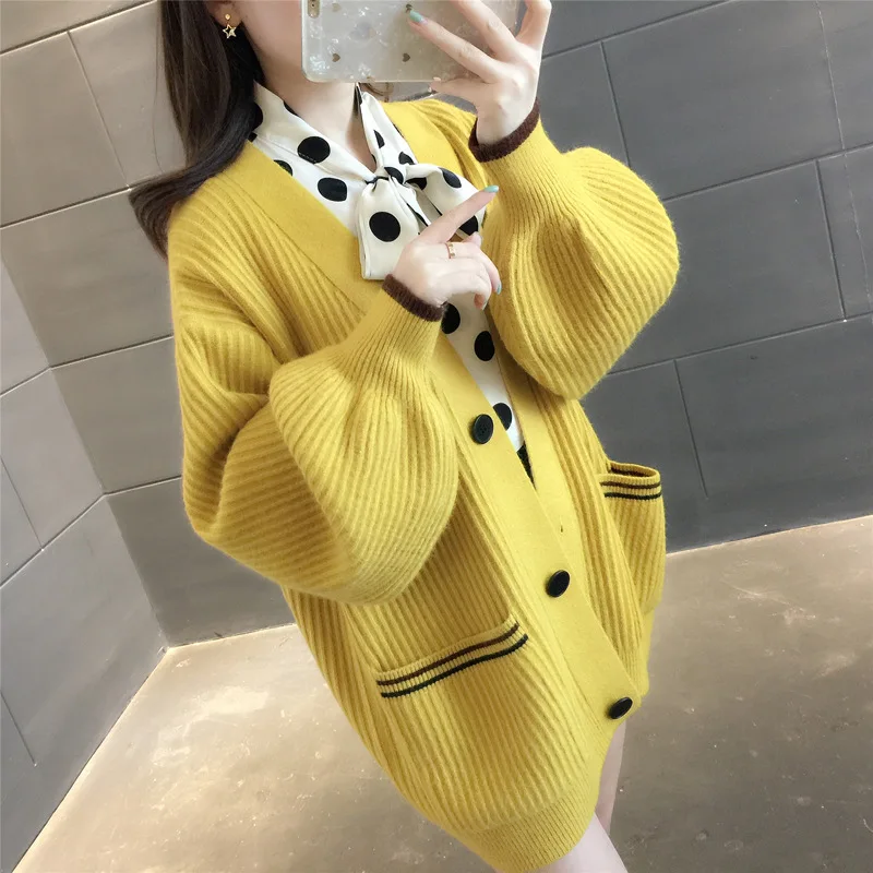 

Spring women ladies Korea mid-length cardigan v-neck loose knitted pocket sweater bright color