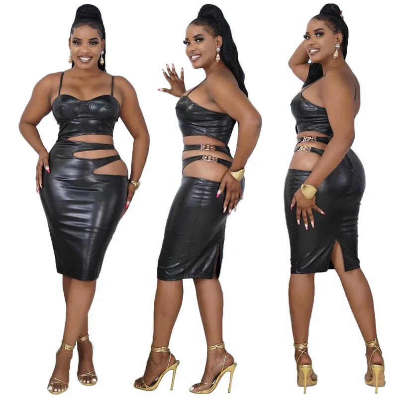

PU Leather Sleeveless Adjustable Spaghetti Strap Outfits 2022 Spring Backless Hollow Out Sexy Slip Clothing Ladies Leather Dress, Black and white