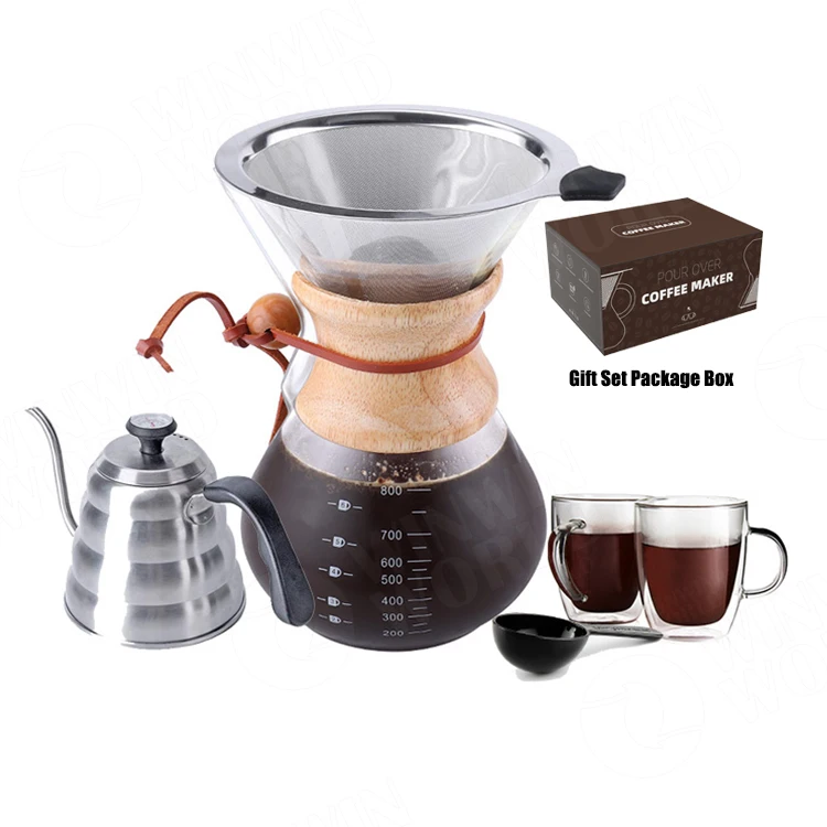 

New Pour Over Coffee Maker Gift Set with Gooseneck Kettle with Thermometer,Cups.Iced cold brew drip coffee maker pot with filter, Transparent