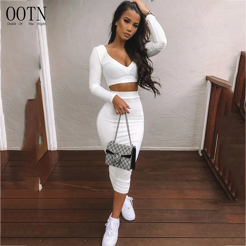 

OOTN Women Two Piece Outfits Casual Dress Long Sleeve Crop Top Long Skirt Set Party Clothing Sets Outfit Sexy Two Piece Set