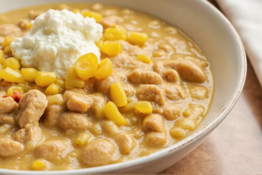Close-up of Chunky Chef White Chicken Chili served in a bowl with toppings