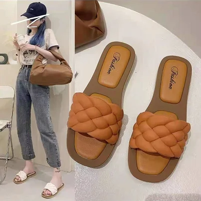 

Summer New Woven Flat Women Slippers Versatile Flip Flop Wear Holiday Beach Shoes, Black,beige,green,orange