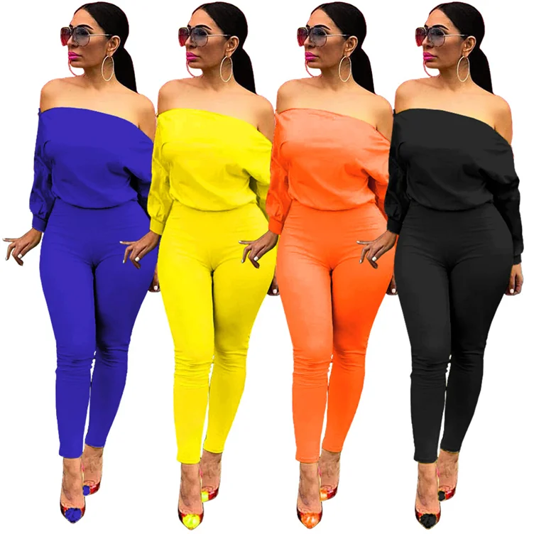 

*YH-T086 2020 new arrivals new arrival solid color double zipper neck long sleeve off-shoulder one piece women jumpsuits, Yellow,black,blue,orange