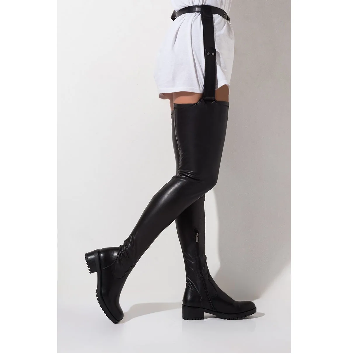 

Custom Logo Detachable Belt Thigh High Flat Boot Over The Knees Boot Thigh High Boots Women