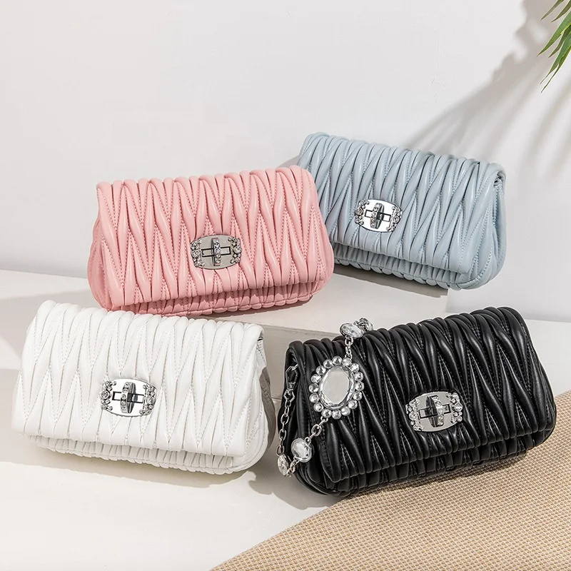 

Fashion Style Luxury Crossbody Sling Crystal Chain Leather Bag Women Shoulder Bags Pleated