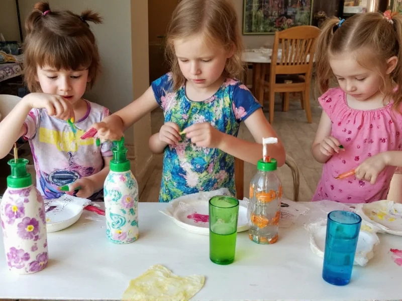 Children painting recycled bottle planters with summer themes