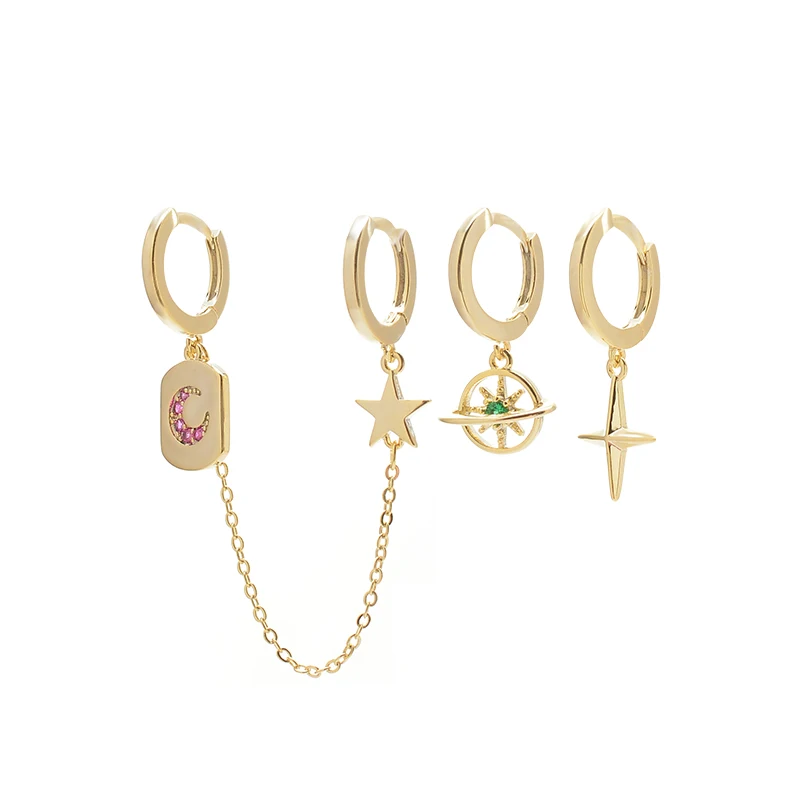 

ED64598 Korean cute 2 pairs set star moon hypoallergenic huggie hoop earrings fashion 14K gold plated women jewelry