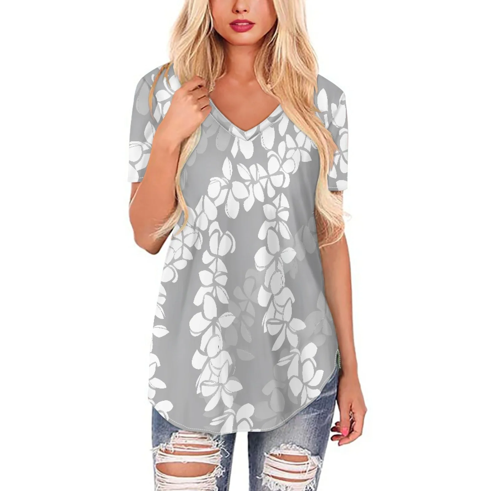 Drop Shipping Puakenikeni Pacific Island Floral Pattern Hawaii Style Gray Chiffon Blouse Short Sleeve Shirts for Women All-match