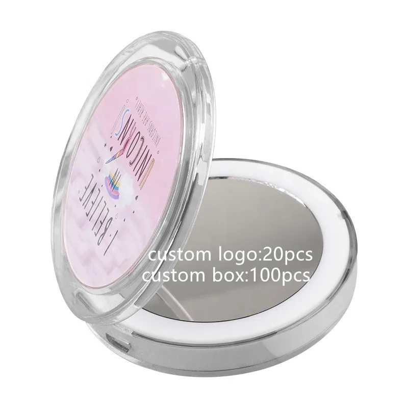 

Low MOQ custom box Portable LED lights custom logo folding small round mirror for girl night makeup, As picture