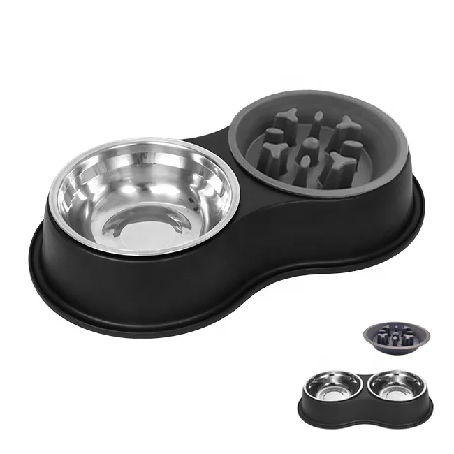 

2022 New 3 In 1 Cat Dog Water Feeder Bowl Double Puzzle Spill Proof Stainless Steel Pet Slow Feeder Dog Bowl Set, Black, grey, blue