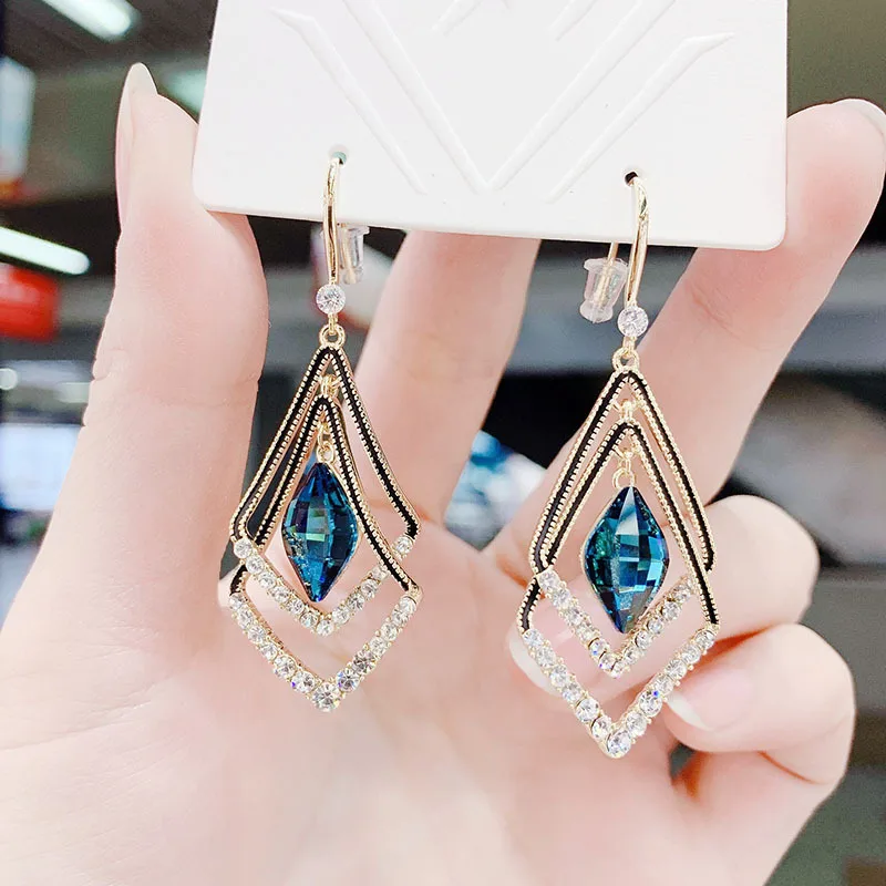 

Blue Drop Rhinestone Rhombus Fashion Earring Designs New Model Earrings, As picture