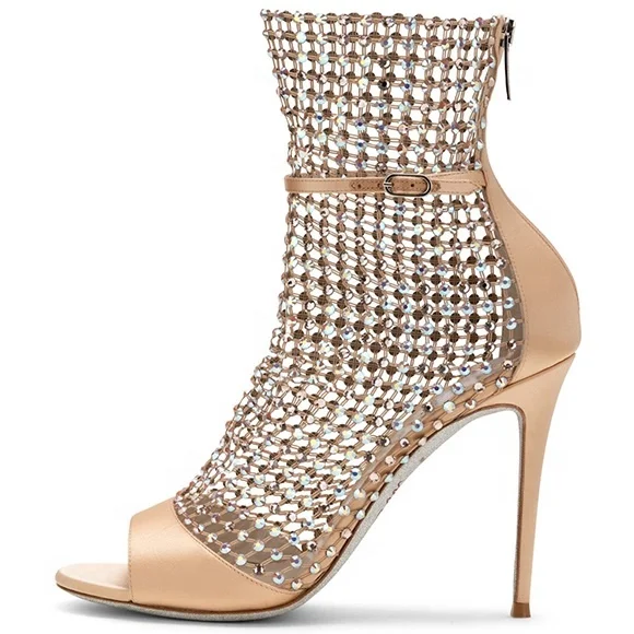 

Fish mouth Roman sandals boot women 2020 spring high heels women stiletto all-match rhinestone party women sandals boots, Black,champagne