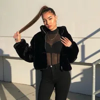 

Hip Hop Girls Zip Up Street Wear Faux Fur Cropped Jacket Black For Women