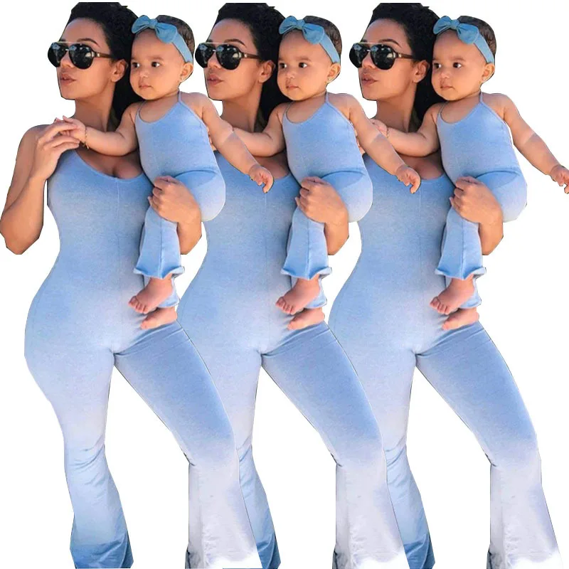 

2021 Summer Mommy And Me Matching Outfits Solid Color Jumpsuit Rompers Mom And Daughter Summer Outfits One Piece Set
