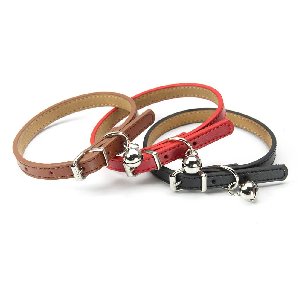 

High Quality Soft Real Leather dog collar Small Puppy Kitten Cat Collar with bell