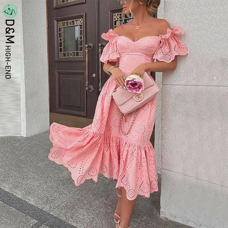 

D&M 2022 New Ladies Fashion Street Fair Maiden Style Petal Short Sleeve Card Off Shoulder Club Woman Midi Long Evening Dresses, Customized color