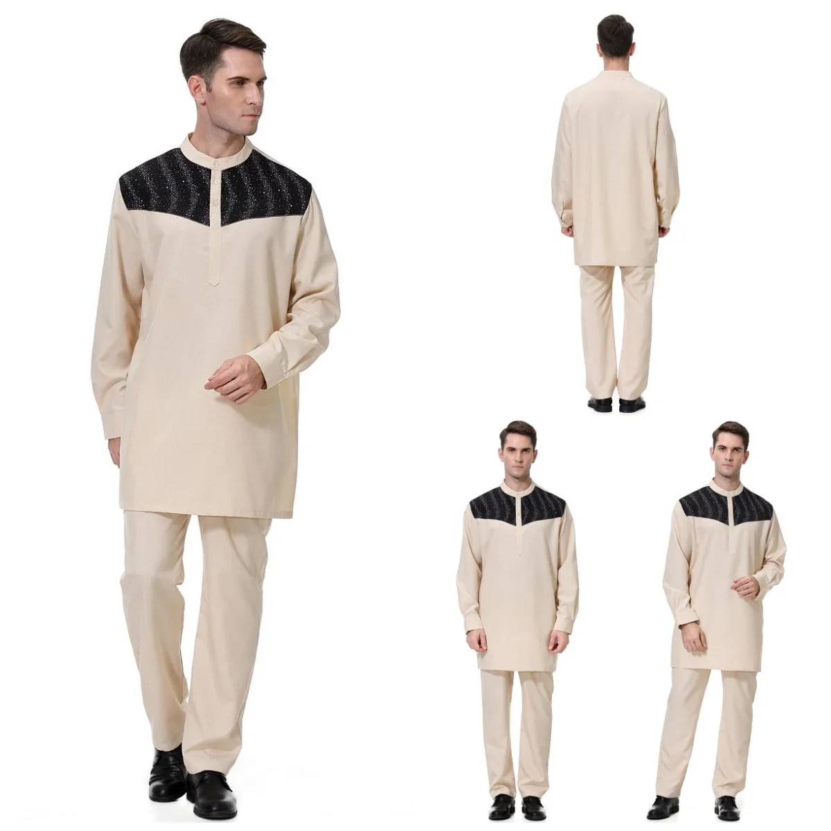 

3CN05M Islamic clothing men muslim blouse Malaysian men's Polyester Stitching color robe and trouser suit, 3 colors