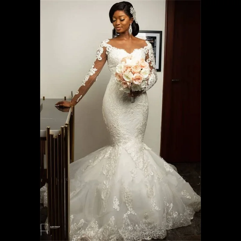 

FA184 2022 Fashion African Mermaid Wedding Dresses Full Sleeve Lace Applique Bridal Gowns Illusion Back Bridal Dress, Default or custom