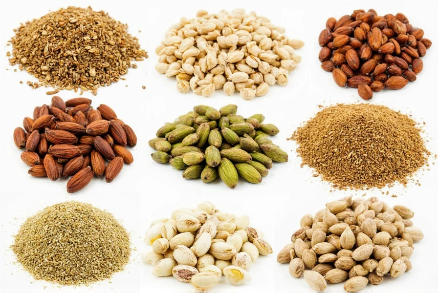 Close-up of various spices including cinnamon sticks, nutmeg, cloves, and allspice berries arranged in small bowls for cardamom substitution comparison