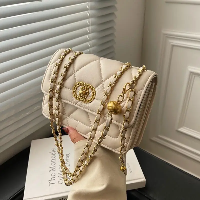 

Hot Sell Women Handbag With Pearl Lock Solid Color Pu Clutch Quilted Bag Small One Shoulder Bag For Female