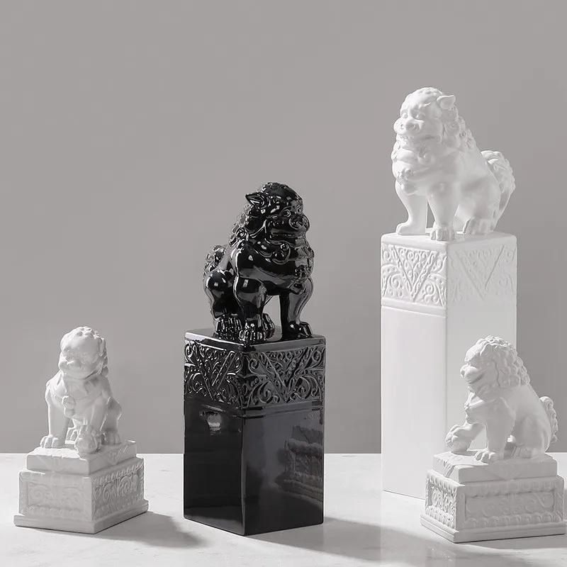 

New Chinese style household soft adornment porch sitting room model room traditional black and white lion works art