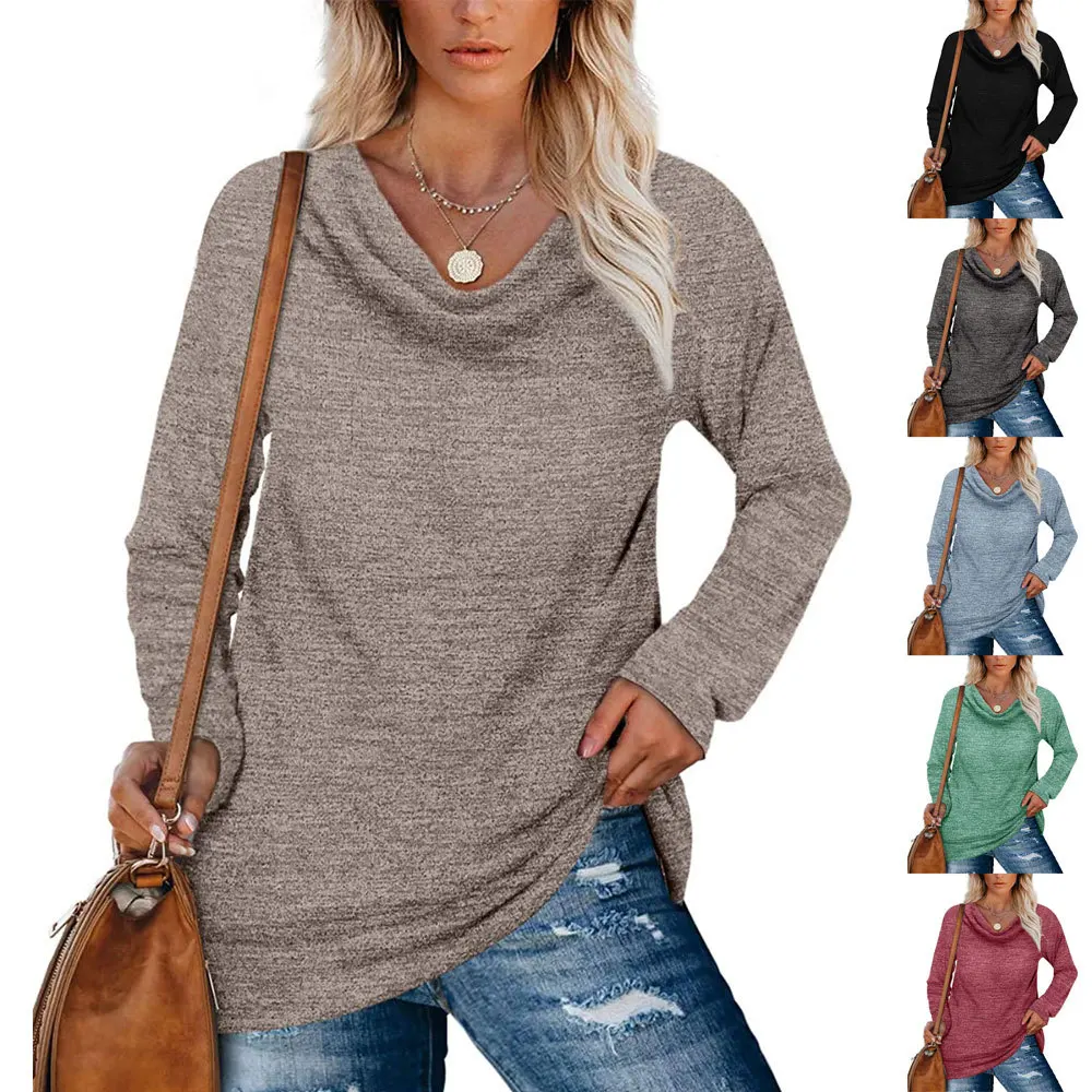 

Explosive Women's Shirt Solid Color Pile Collar Long Sleeve Pullover T-shirt Women, As picture