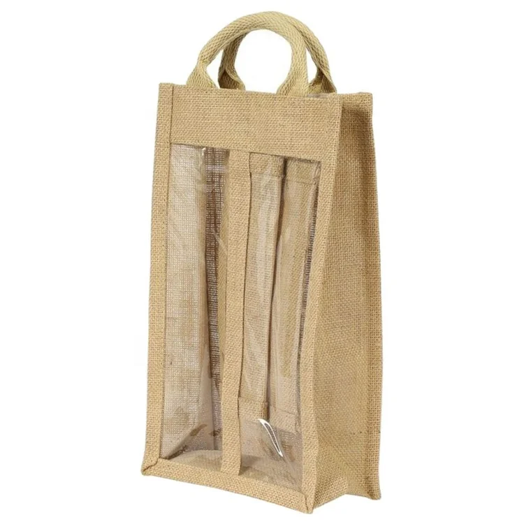 

wholesale promotional Double 2 Bottle Burlap Jute Wine Gift Tote carrier Bag with Transparent Window and separators, Brown or customized