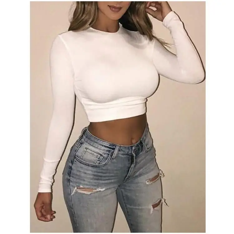 

2021 Fashion Wear Ladies Long Sleeve O-Neck Blouses Shirt Crop Tops OM_1117