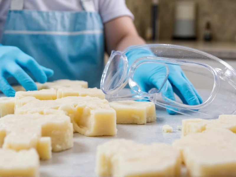 Safety goggles and nitrile gloves for soap making process