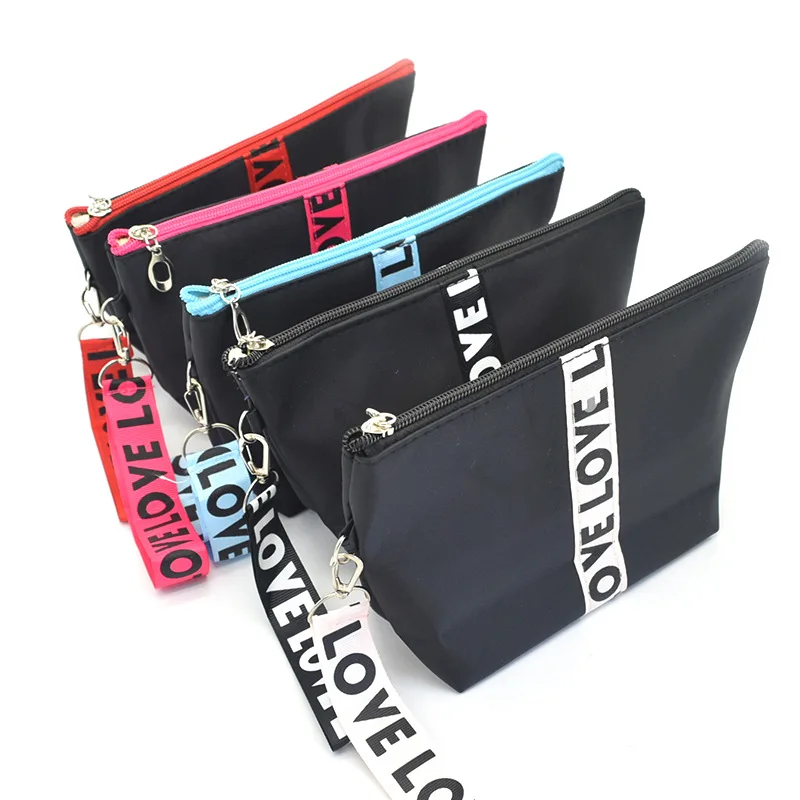 

Promotional Unisex Polyester Black Portable Love Petersham Strap Letters Printed Cosmetic Pouch Organizer Wash Bag, 5 choices