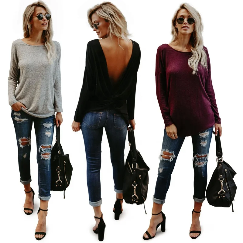 

Autumn and winter women's sexy halter round neck long sleeves Solid color base women's T-shirt