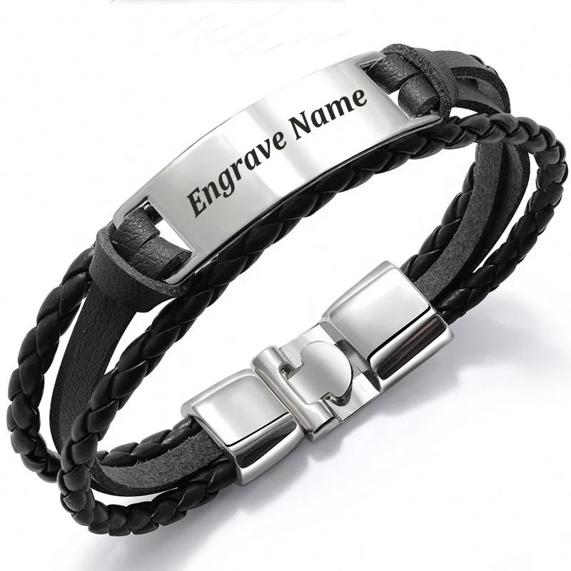 

Fashion Multiple Layers Engrave Name Bracelet For Men DIY Vintage Leather Bracelets & Bangle Male Jewelry, Color