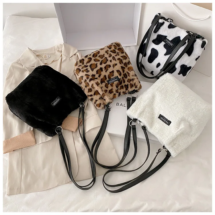 

New Fashion Ladies Evening Bags bandolera mujer Casual Tote Shopping Travel Hand Bag Leopard Handbag Plush Shoulder Bags Women, Brown,white,black