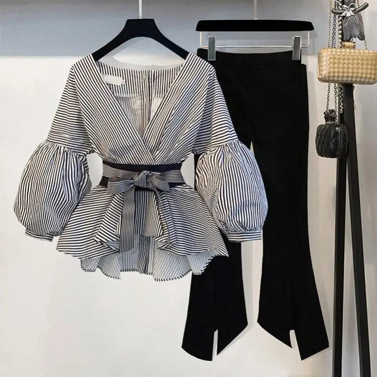 

Two piece set women clothing outfit casual lantern sleeve blouse tops + pants plus size 4xl Y10773