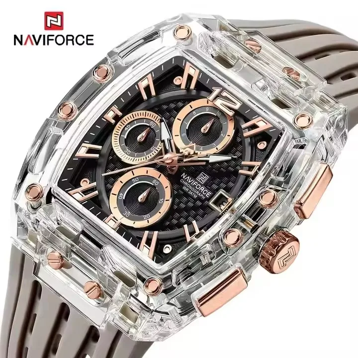 NAVIFORCE 7105 Hot Sell New Arrive Design Transparent Tonneau Watch Men Quartz Man Watch Waterproof Luxury Sport Out Door Clock
