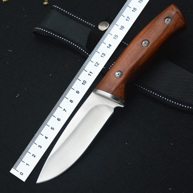 

New Sales High Quality Customize LOGO Stainless Steel Wood Handle With Nylon Bag Hunting Tactical Survival Fixed Blade Knife