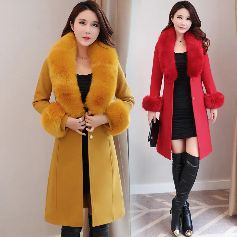 

new winter coat women Woolen coat winter jacket women of the self-cultivation large fur collar jackets female Faux fox fur coats, Picture