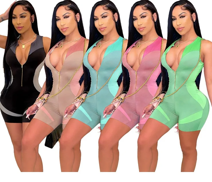 

Casual Summer Ladies Bodycon Rompers Sleeveless Patchwork Zipper Sexy Yoga Women Shorts Jumpsuits